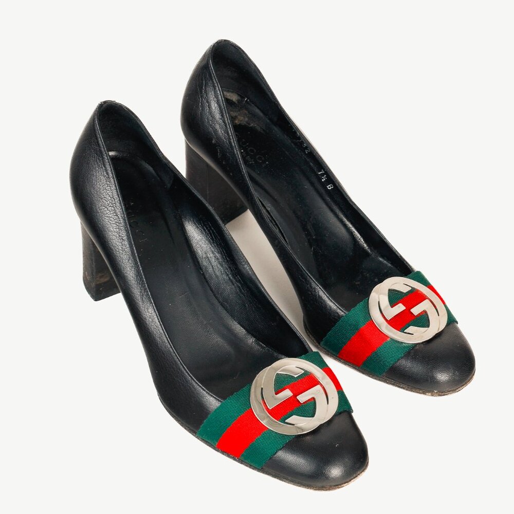 Gucci Black Leather Signature Webbing Logo Round-Toe Pumps
